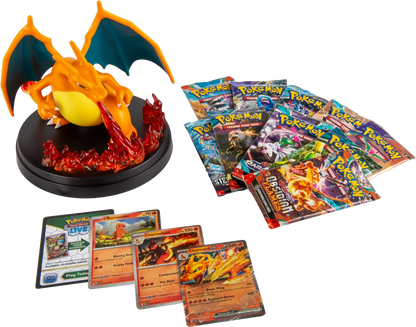 Promo card lineup including Charizard ex, Charmeleon, and Charmander from the Super-Premium Collection.