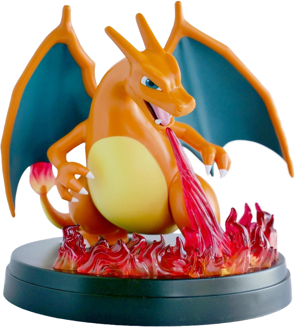 Front view of the Charizard figure with translucent fire effects from the Super-Premium Collection.