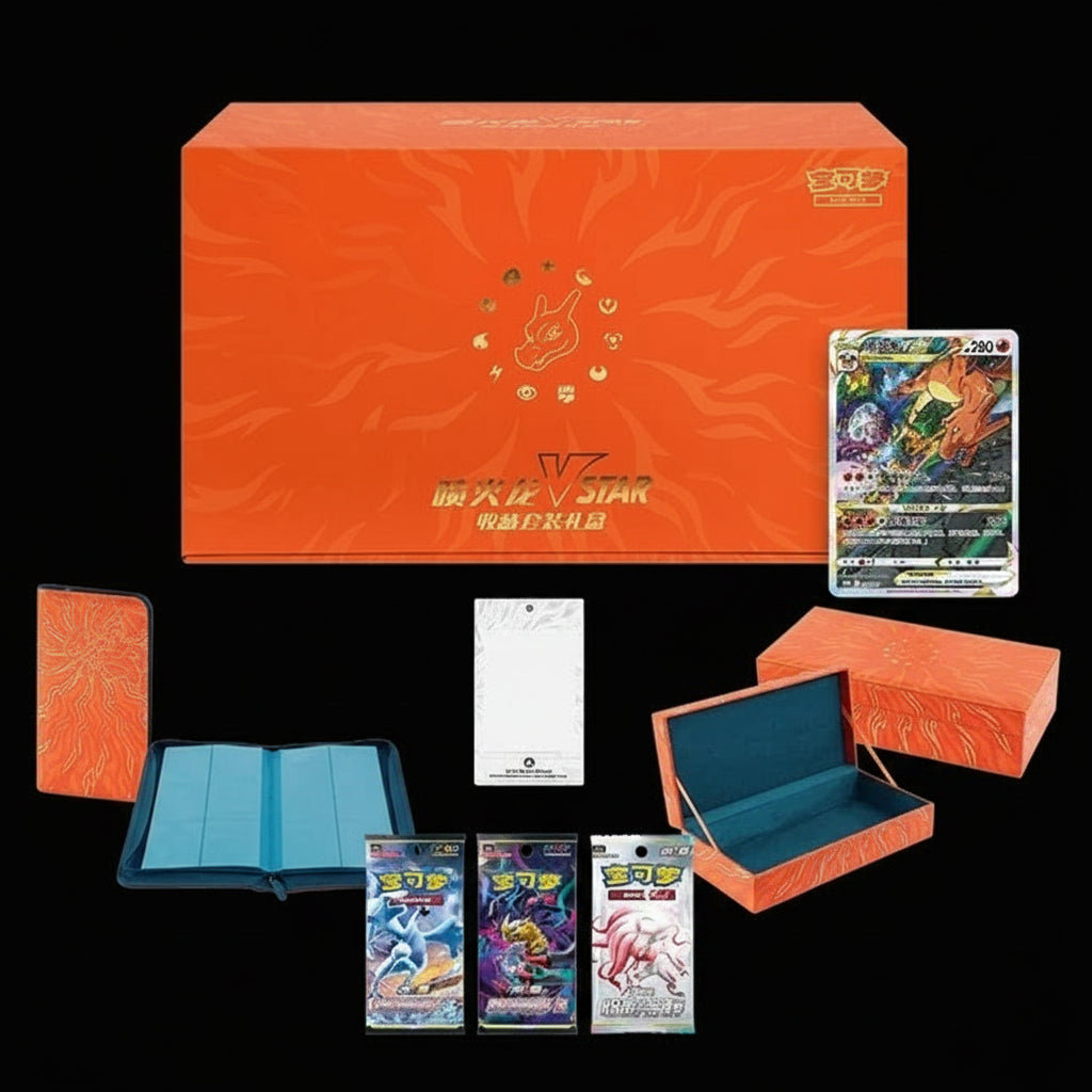 Charizard VSTAR S-Chinese gift box contents, including binder, storage case, packs, and promo card displayed