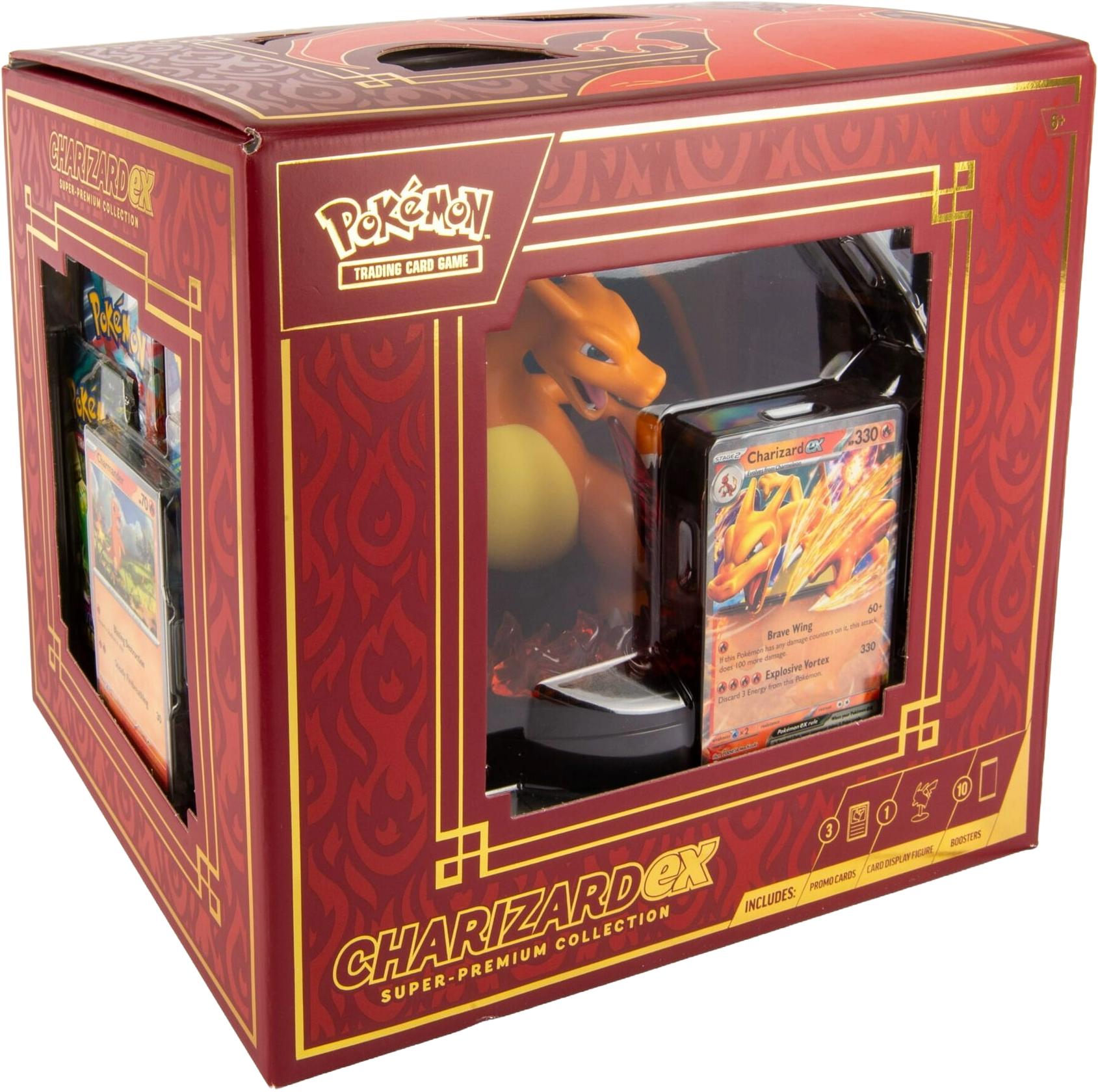 Front angled view of the Pokémon TCG Charizard ex Super-Premium Collection box showing the Charizard figure and promo card through the display window