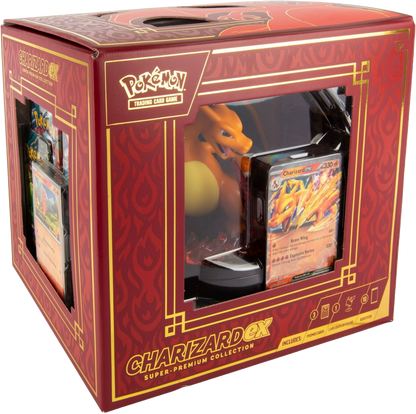 Front angled view of the Pokémon TCG Charizard ex Super-Premium Collection box showing the Charizard figure and promo card through the display window