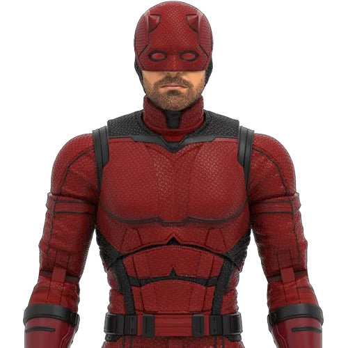 Close-up of Daredevil: Born Again Marvel Legends 6-inch figure showing detailed red suit and mask.