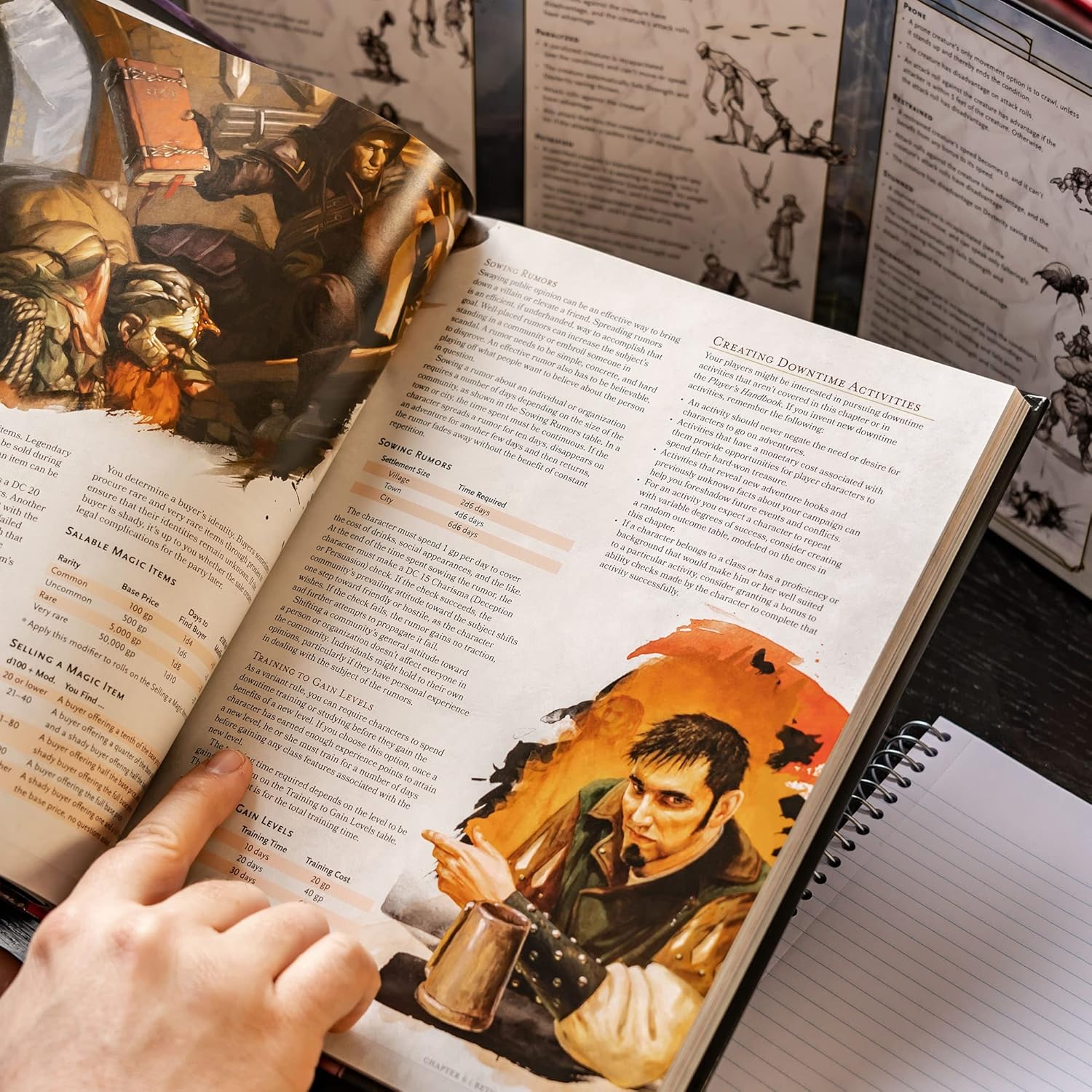 D&D 5E Dungeon Master’s Guide interior pages showing downtime activities and campaign systems