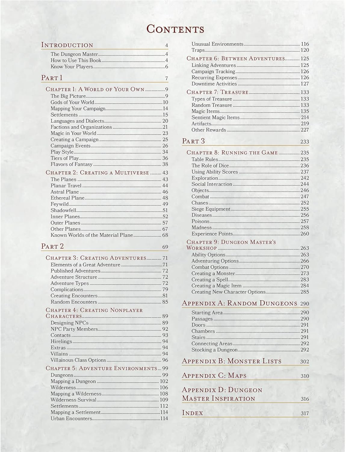 Dungeons & Dragons 5E Dungeon Master’s Guide table of contents overview
