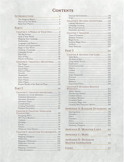 Dungeons & Dragons 5E Dungeon Master’s Guide table of contents overview
