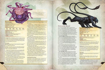 Dungeons & Dragons Monster Manual 5E interior pages with creature lore and combat statistics