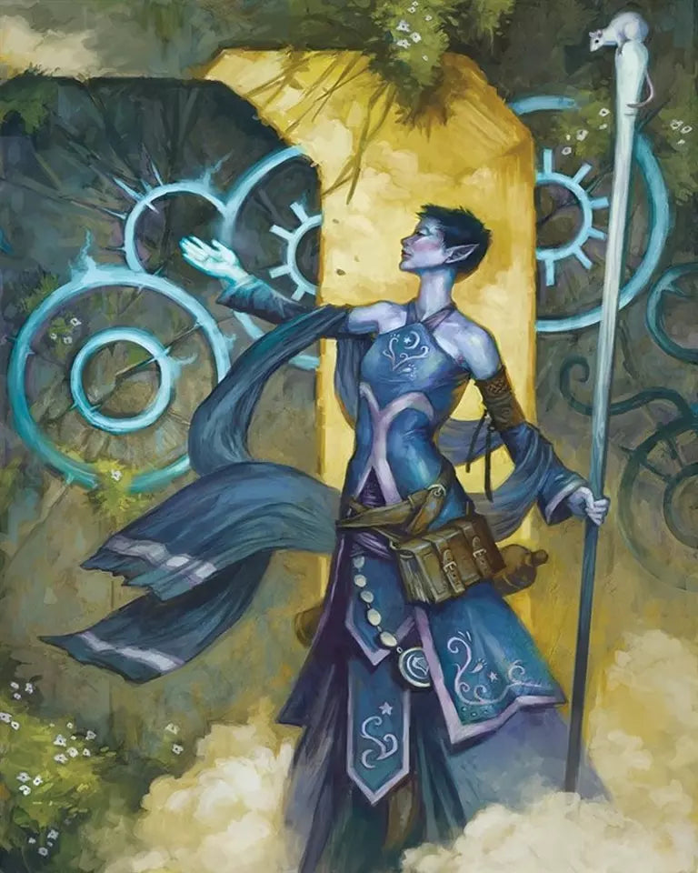 Dungeons & Dragons Player’s Handbook 5E interior artwork depicting a spellcaster wielding magic and staff, representing class abilities and spellcasting