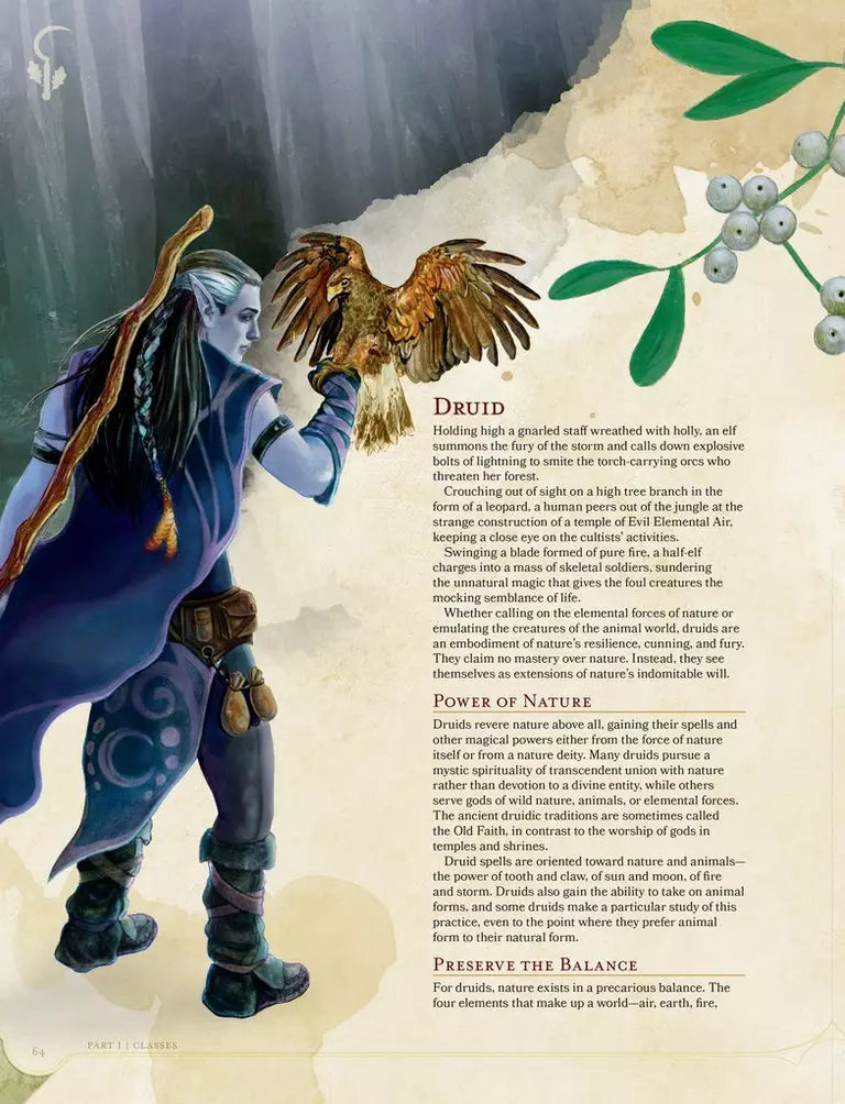 D&D Player’s Handbook 5E druid class interior page with class features and artwork