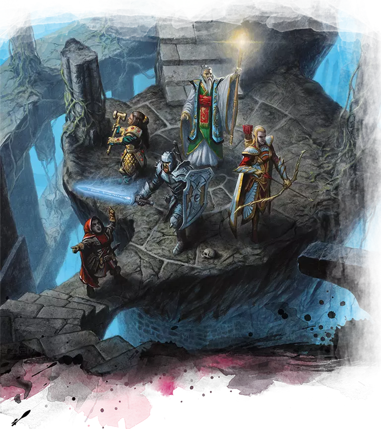 D&D Player’s Handbook 5E interior artwork showing party exploration and roleplay scene
