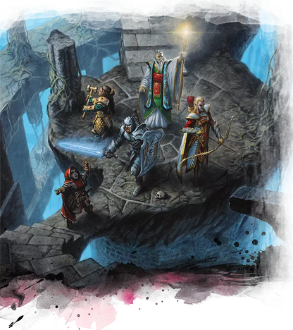 D&D Player’s Handbook 5E interior artwork showing party exploration and roleplay scene