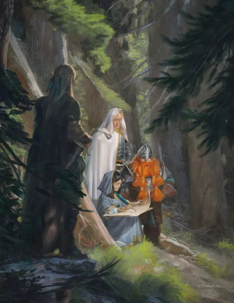 Dungeons & Dragons Player’s Handbook 5E interior artwork showing adventuring party planning their journey in a forest setting
