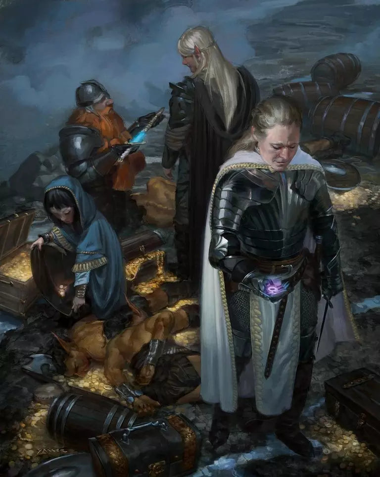 Dungeons & Dragons Player’s Handbook 5E interior artwork showing adventuring party surveying treasure after a battle