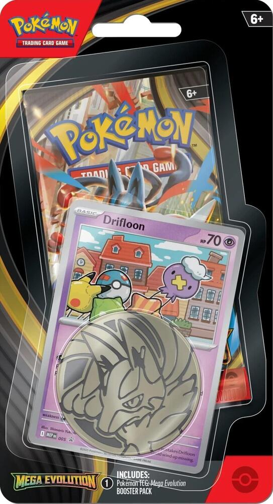 Front view of Pokémon TCG Mega Evolution Drifloon Single Pack Blister