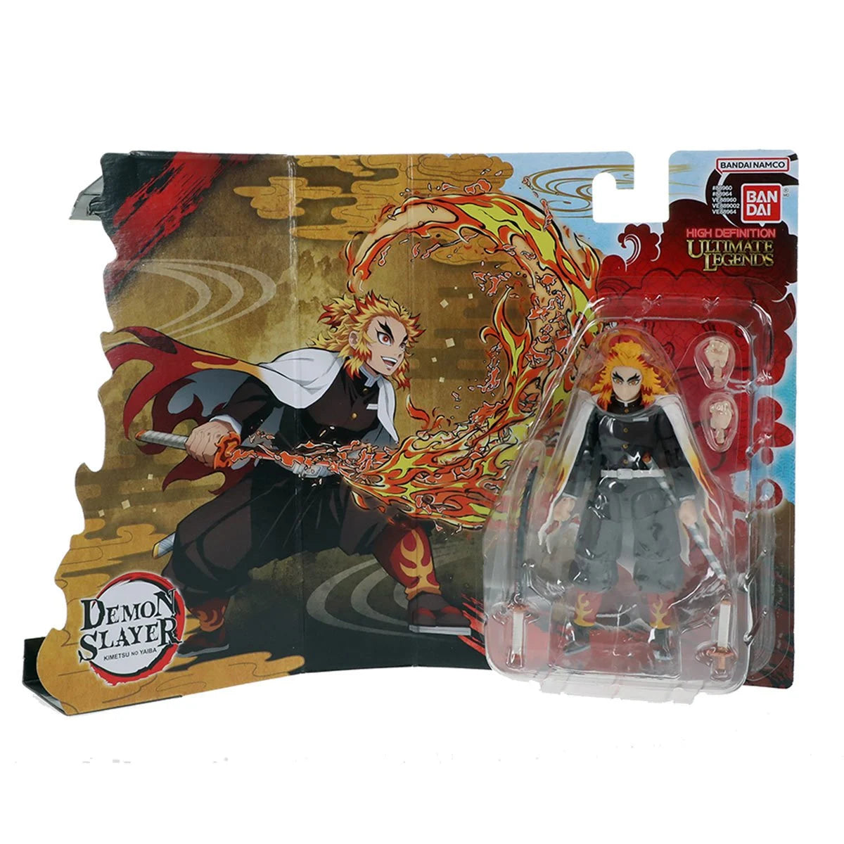 Rengoku action figure displayed in open packaging with interior flame art backdrop.