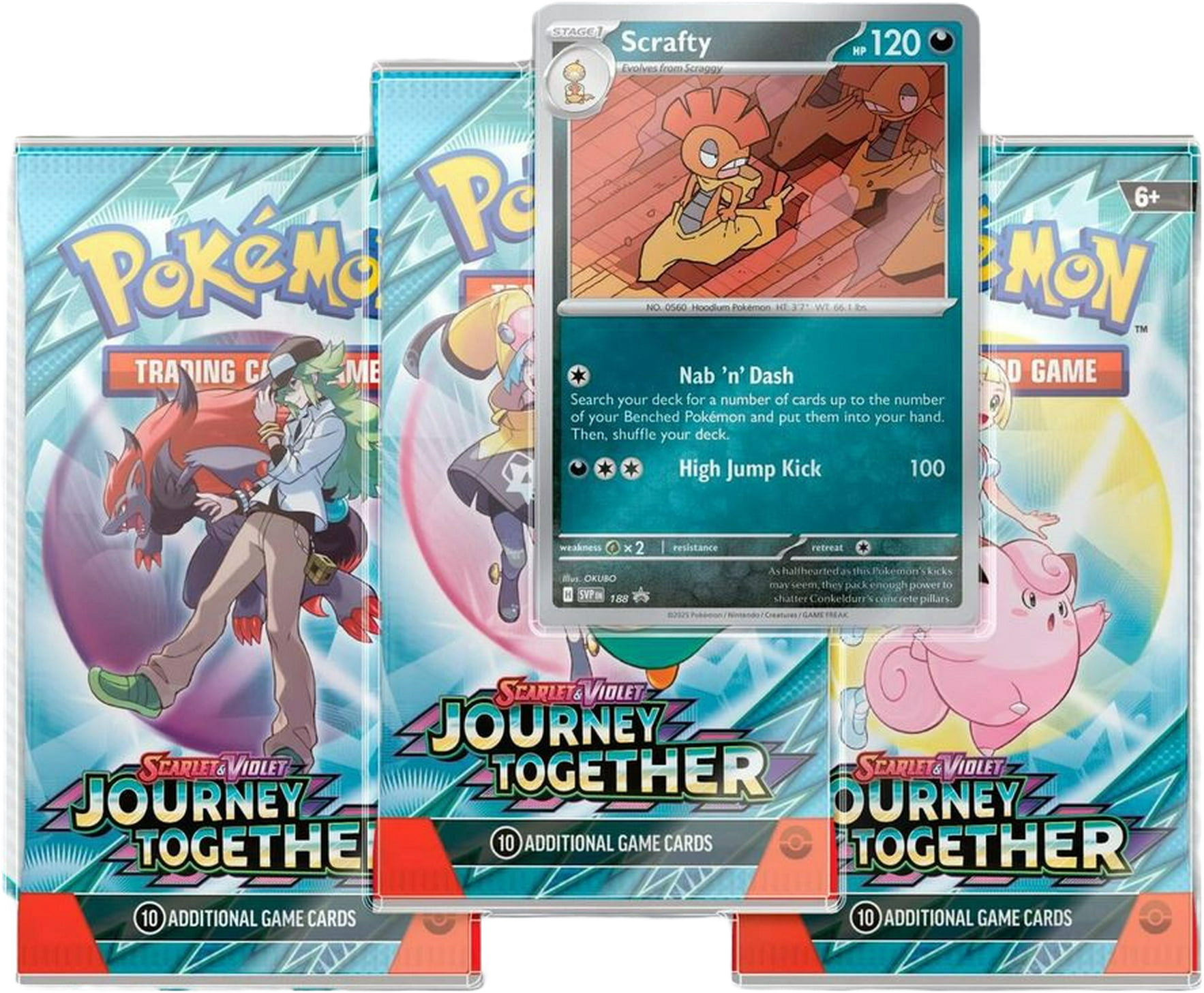 Pokémon TCG Journey Together 3-Pack contents featuring Scrafty promo card and three Journey Together booster packs arranged for display