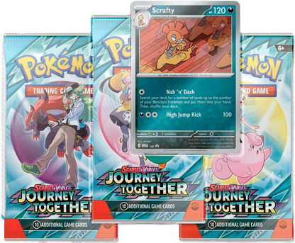 Pokémon TCG Journey Together 3-Pack contents featuring Scrafty promo card and three Journey Together booster packs arranged for display