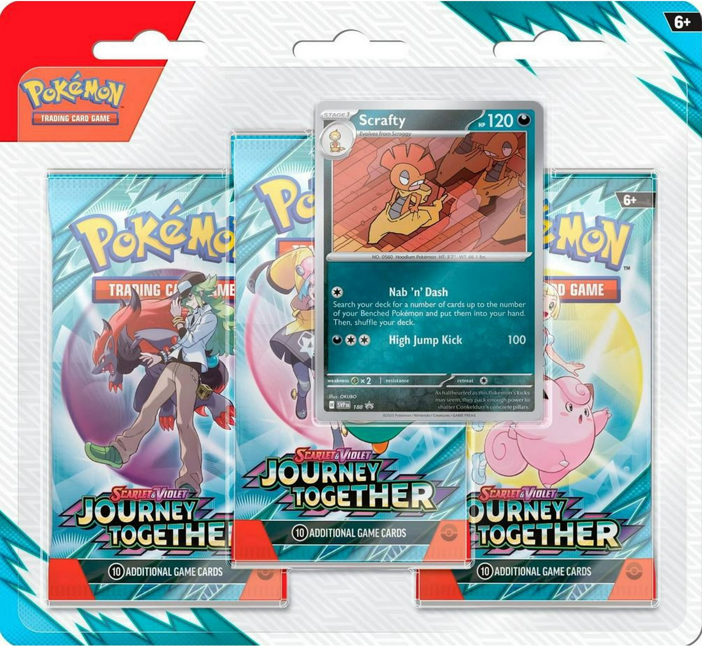 Pokémon TCG Scarlet & Violet Journey Together 3-Pack Blister featuring Scrafty promo card and three booster packs — retail front packaging