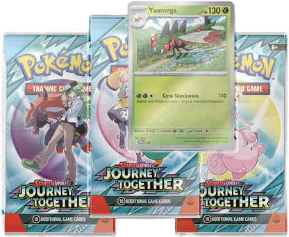 Yanmega promo card with three Journey Together booster packs displayed outside the blister.