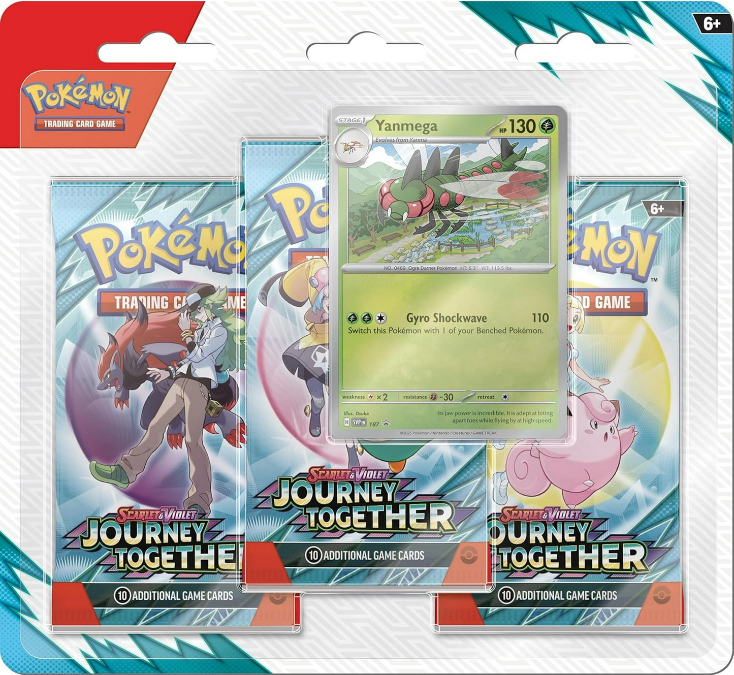 Front view of the Pokémon TCG Scarlet & Violet Journey Together 3-Pack Blister featuring the Yanmega promo card and three booster packs.