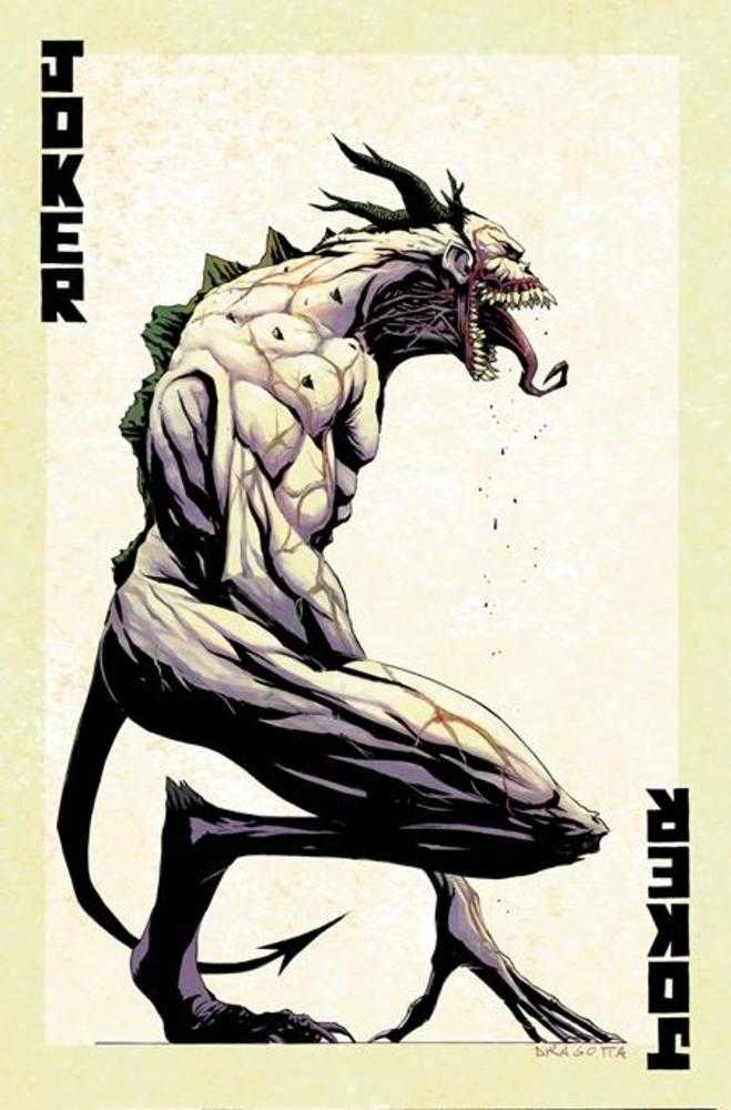 Dark horror-style Joker monster character in side profile with elongated limbs, exposed musculature, sharp teeth, long tongue, and demonic silhouette on a minimalist background, high-contrast comic illustration