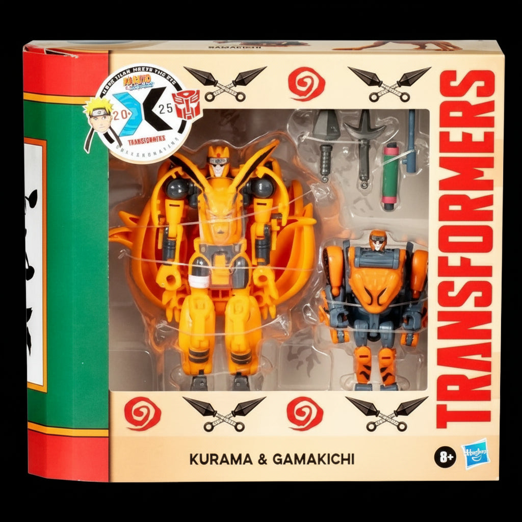 Transformers Collaborative Naruto Shippuden Kurama and Gamakichi action figure set in sealed retail box with accessories visible through the window.