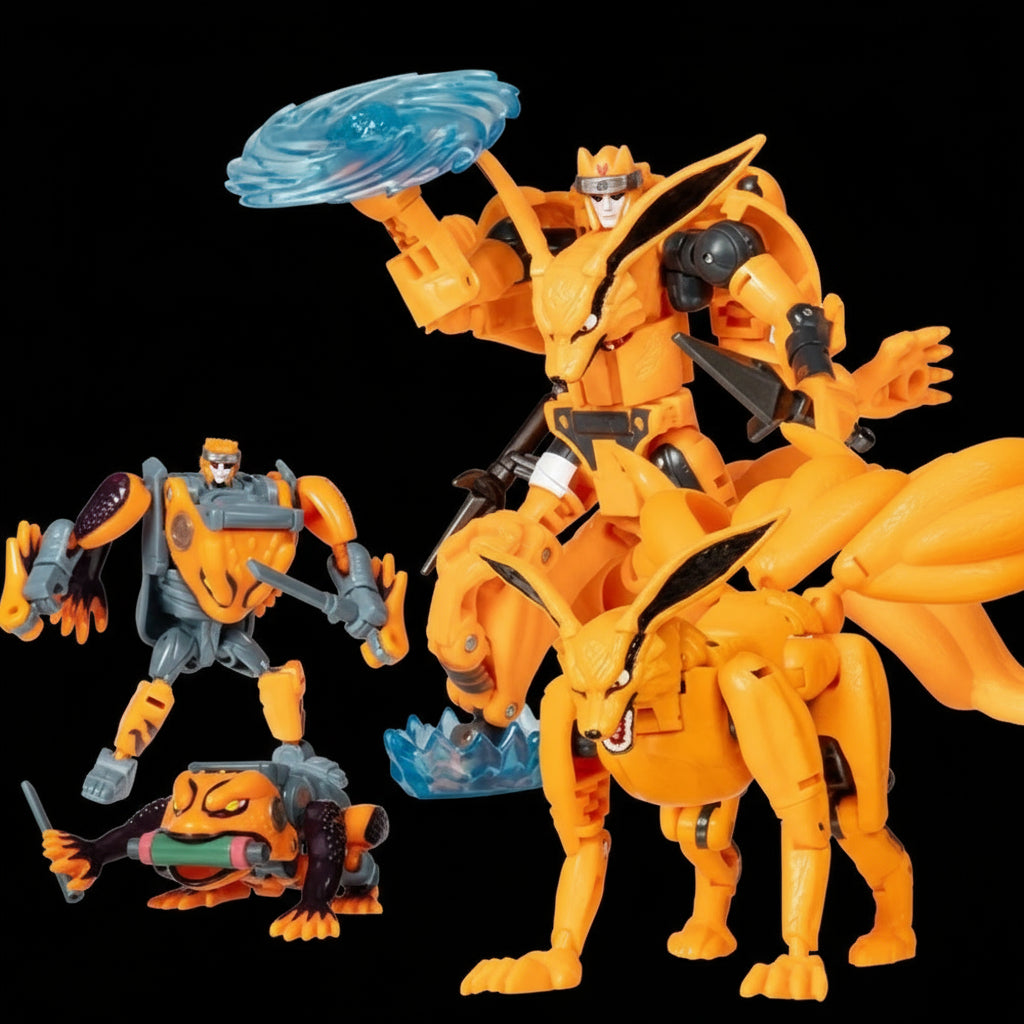 Kurama and Gamakichi Transformers figures posed in multiple Naruto-inspired action modes with accessories displayed.