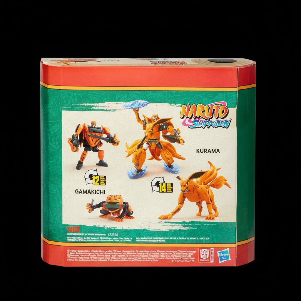 Back of the Transformers x Naruto Shippuden packaging showing Kurama and Gamakichi figure conversions and articulation details.