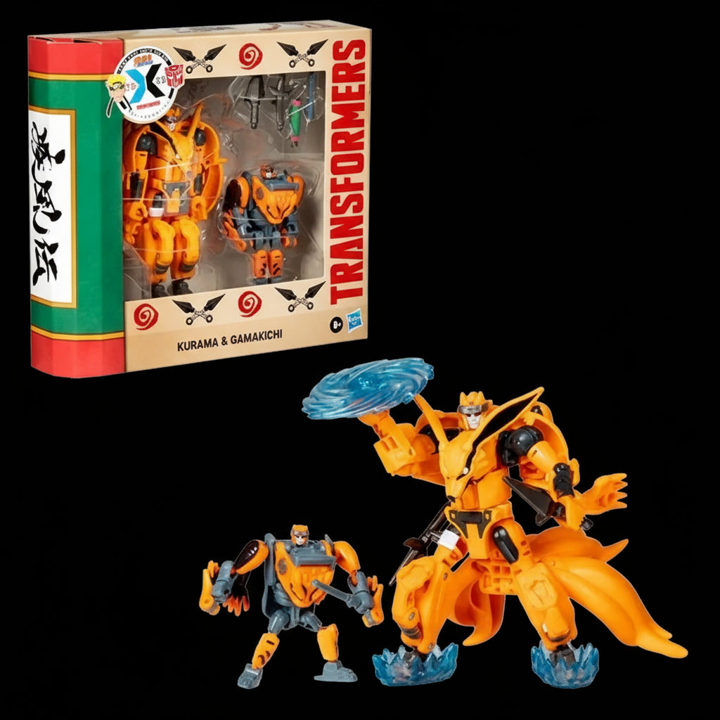 Full set showing retail box alongside Kurama and Gamakichi Transformers figures in robot and attack poses.