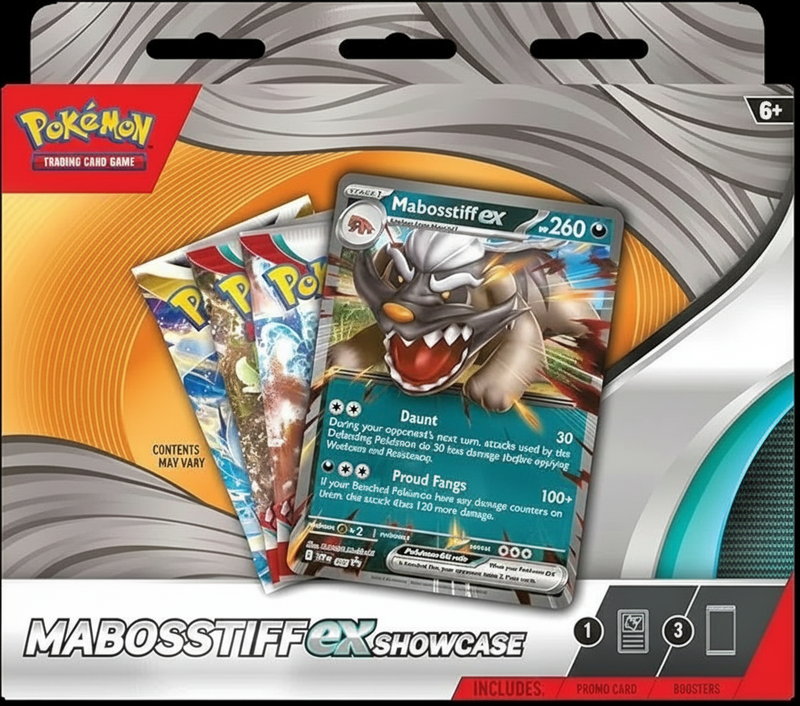Front packaging of the Pokémon TCG Mabosstiff ex Showcase featuring the Mabosstiff ex promo card and three booster packs.