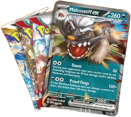 Mabosstiff ex promo card displayed with three Pokémon TCG booster packs from the Mabosstiff ex Showcase.