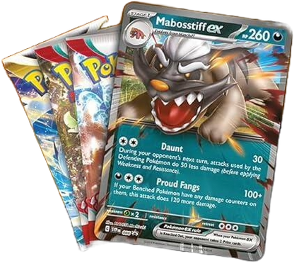 Mabosstiff ex promo card displayed with three Pokémon TCG booster packs from the Mabosstiff ex Showcase.