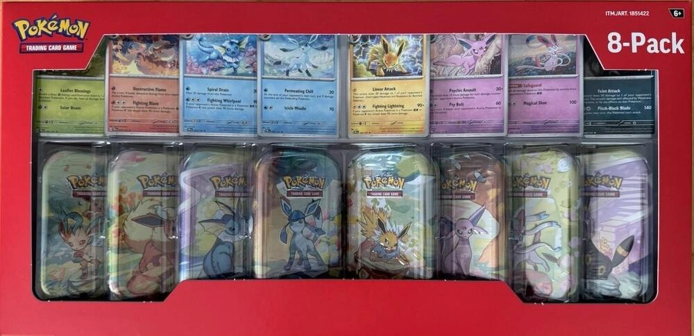 Pokémon TCG Prismatic Evolutions 8-Pack Mini Tins sealed Costco display – full front packaging with Eeveelution tin lineup.