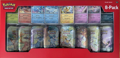 Pokémon TCG Prismatic Evolutions 8-Pack Mini Tins sealed Costco display – full front packaging with Eeveelution tin lineup.