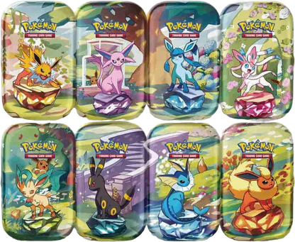 Pokémon Prismatic Evolutions mini tins – Jolteon, Espeon, Glaceon, Sylveon, Leafeon, Umbreon, Vaporeon, Flareon artwork grid.