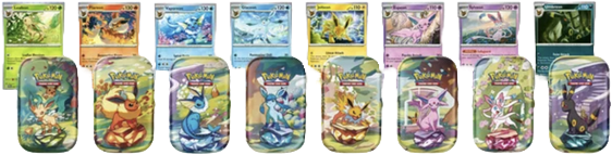 Full lineup of Pokémon Prismatic Evolutions mini tins with matching Eeveelution promo cards displayed above each tin.