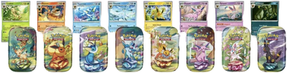 Full lineup of Pokémon Prismatic Evolutions mini tins with matching Eeveelution promo cards displayed above each tin.