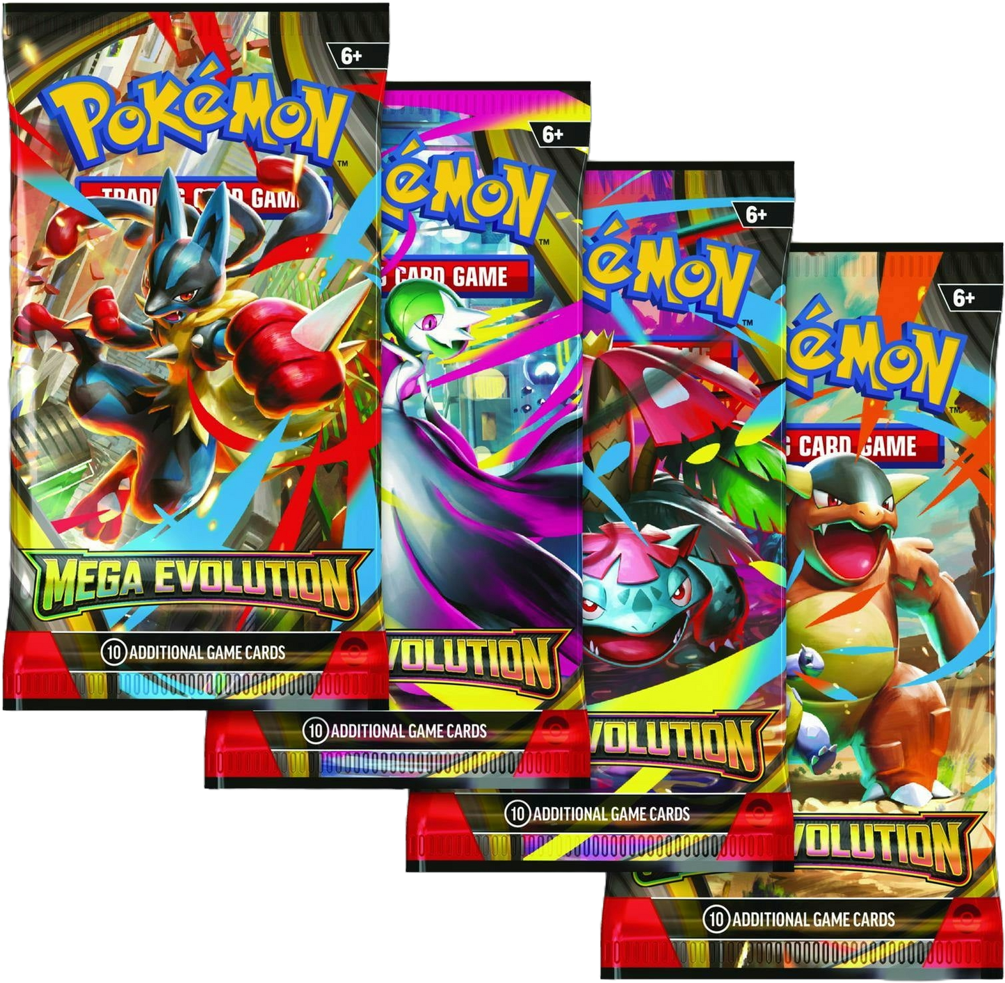 Pokémon TCG Mega Evolution booster pack art set featuring Mega Lucario, Mega Gardevoir, Mega Venusaur, and Mega Blastoise.