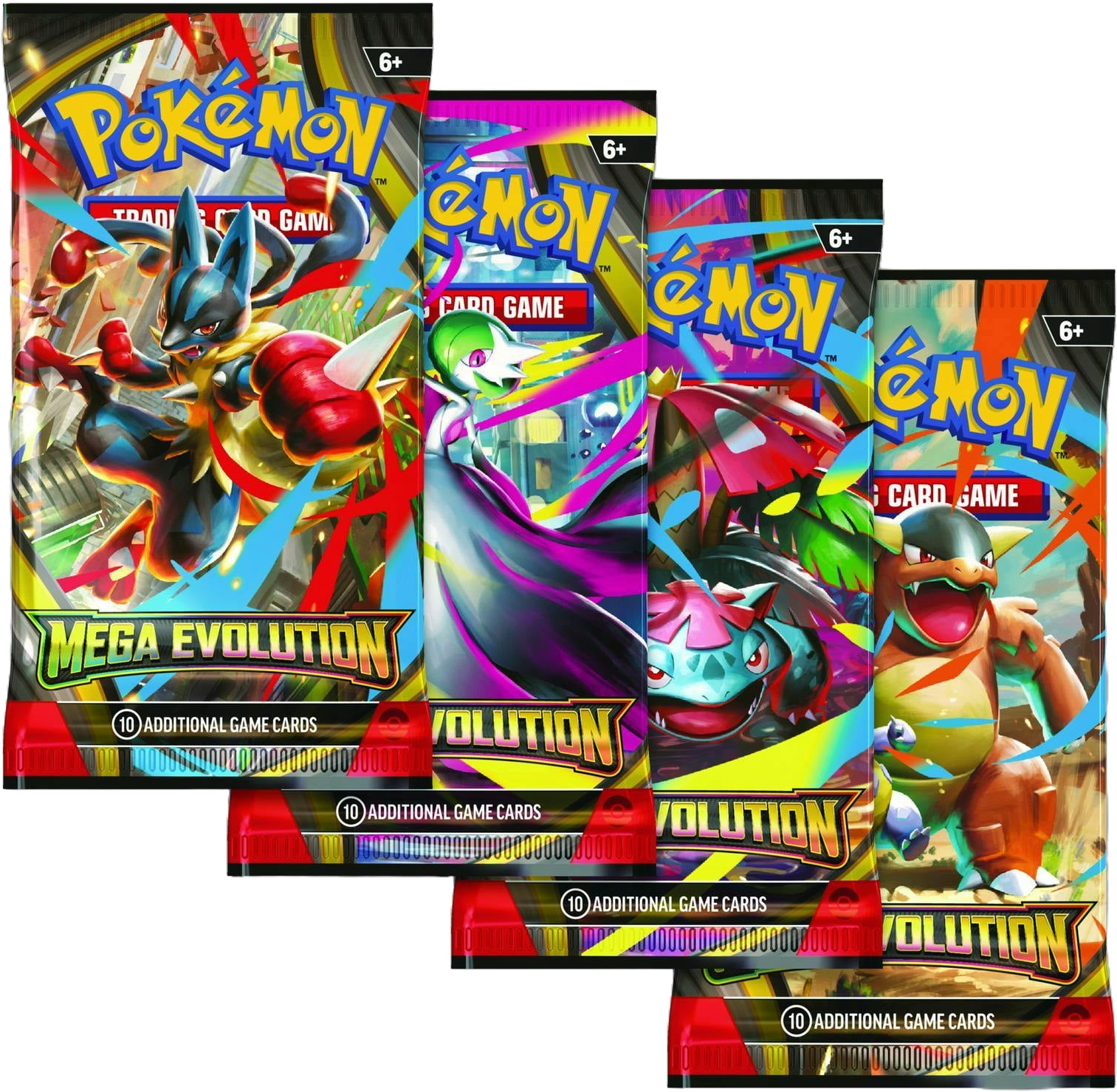 Pokémon TCG Mega Evolution booster pack art set featuring Mega Lucario, Mega Gardevoir, Mega Venusaur, and Mega Blastoise.
