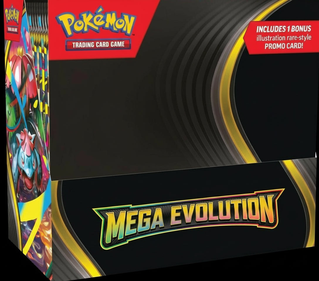 Pokémon TCG Mega Evolution Enhanced Booster Box sealed – features Mega Lucario, Mega Gardevoir, Mega Venusaur, and Mega Blastoise artwork.