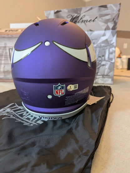 Rear view of Justin Jefferson BAS witnessed signed Minnesota Vikings full size helmet showing NFL shield.