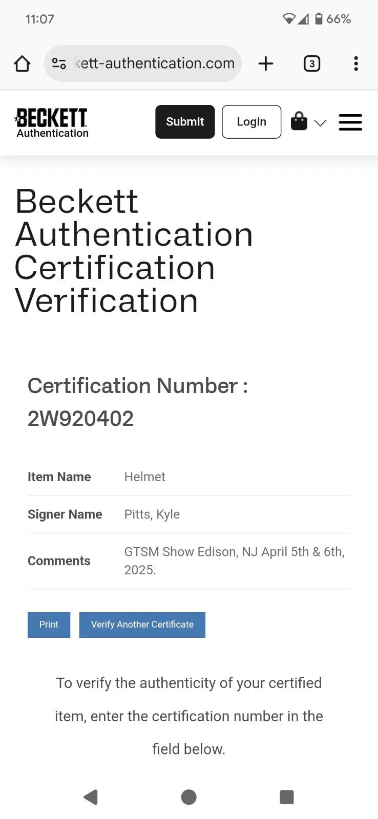 Beckett Authentication Services verification for Kyle Pitts signed Atlanta Falcons helmet.