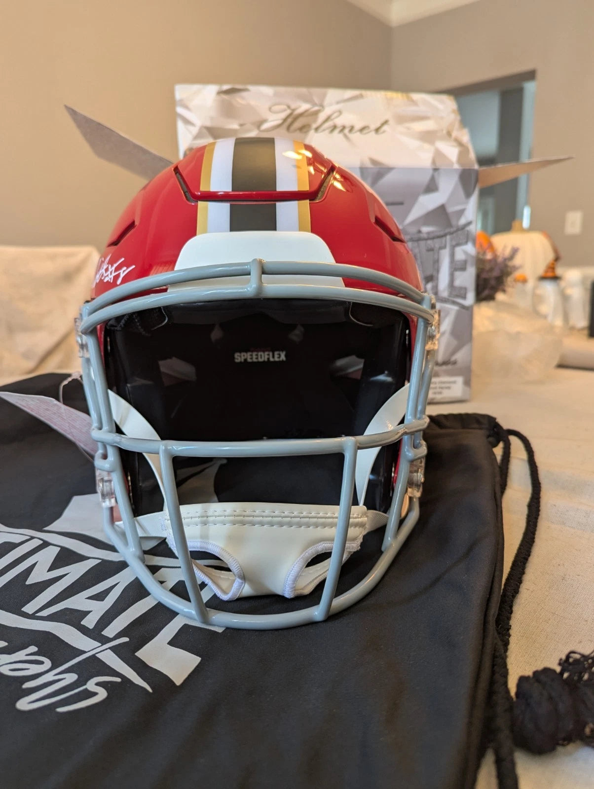 Kyle Pitts BAS authenticated Atlanta Falcons 66–69 throwback Speed Flex helmet front view.