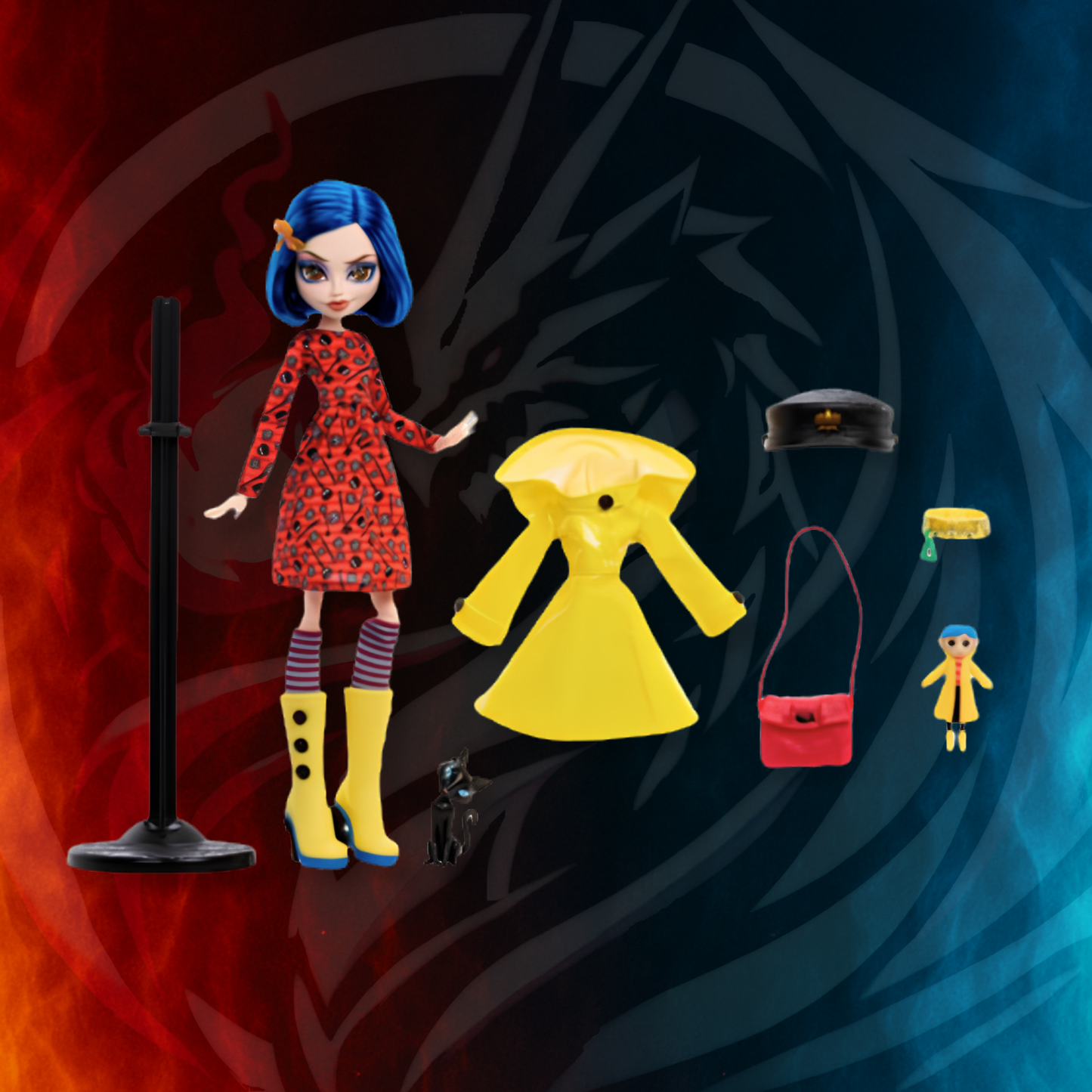 Coraline Skullector Doll accessories including yellow raincoat red bag hat doll stand and miniature figure
