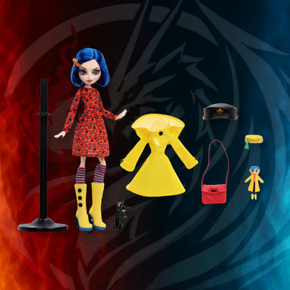 Coraline Skullector Doll accessories including yellow raincoat red bag hat doll stand and miniature figure