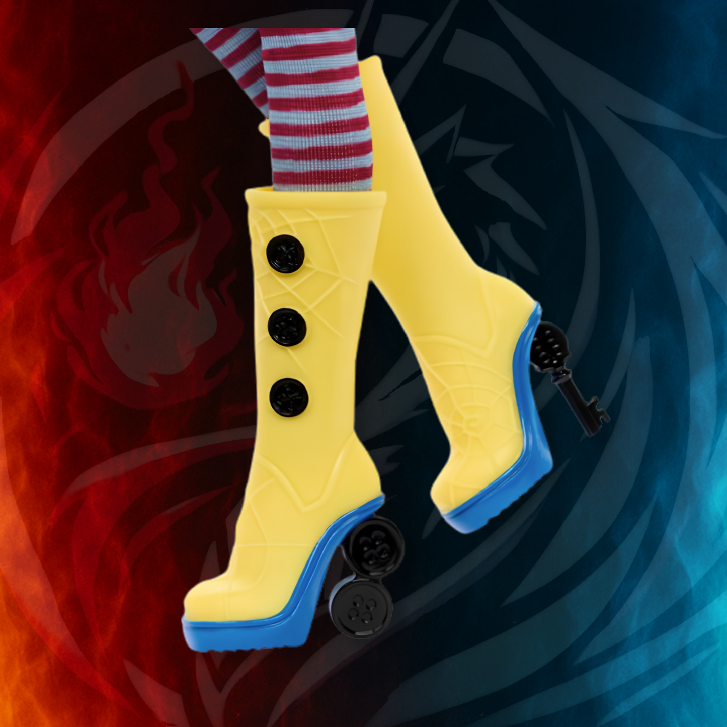 Coraline Skullector Doll yellow boots with button design and striped socks close-up