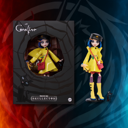 Monster High Coraline Skullector Doll packaging alongside displayed figure with accessories and stand
