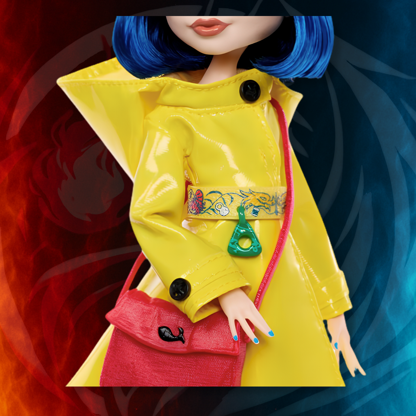 Close-up detail of Coraline Skullector Doll yellow raincoat with belt and red shoulder bag