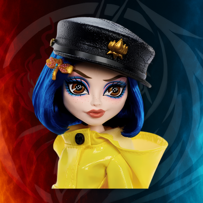 Close-up of Coraline Skullector Doll face with blue hair detailed makeup and signature expression