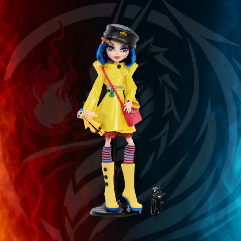 Monster High Coraline Skullector Doll full figure with yellow raincoat and black cat companion display pose