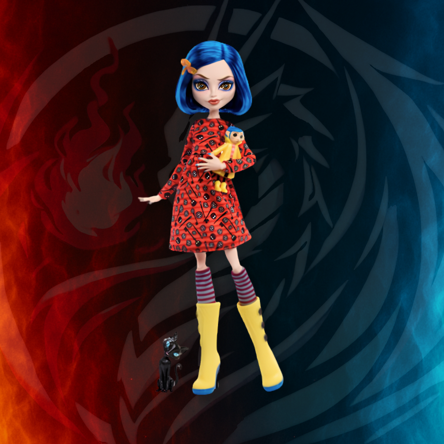 Coraline Skullector Doll alternate red dress outfit with black cat companion figure